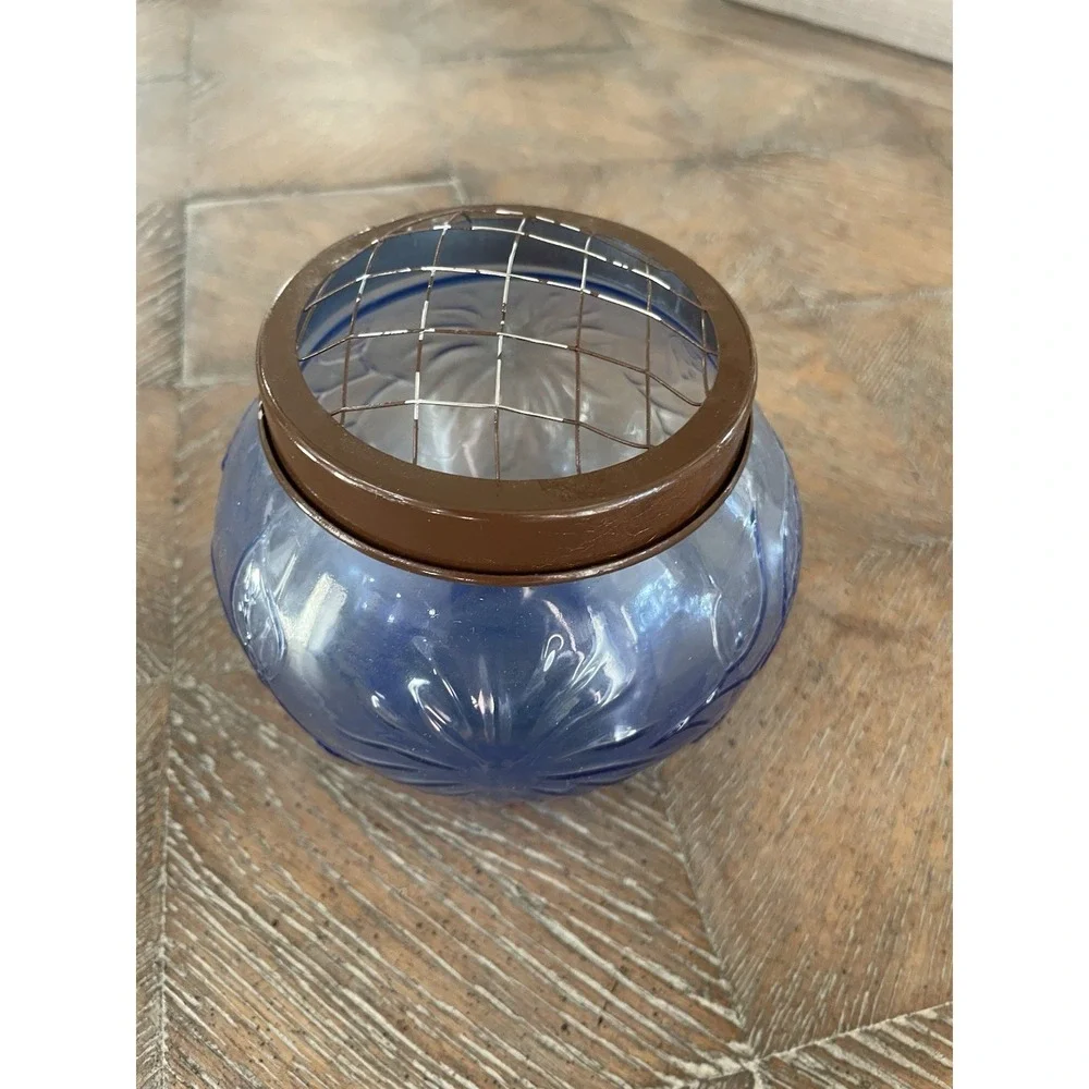 Vtg Blue Pressed Glass Flower Arranging Vase Jar With Wire Floral 
